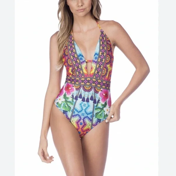 2/$50 Nanette Lepore Multi Color Keyhole Plunging Neckline One Piece Swimsuit - Picture 9 of 11